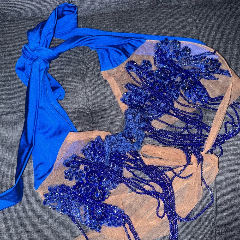 Blue Beaded halter top and matching skirt with Tan Accents